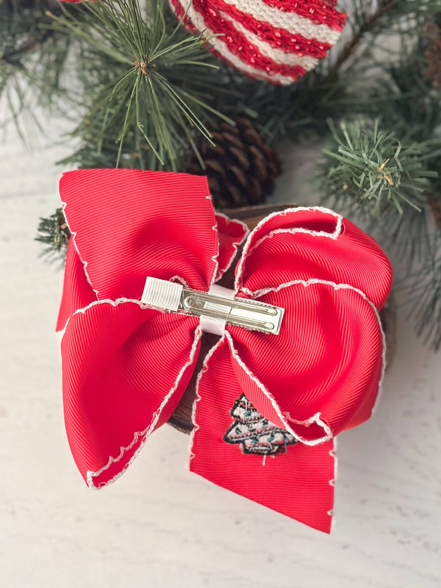 Christmas Tree Cake Embroidered Moonstitch Hair Bow