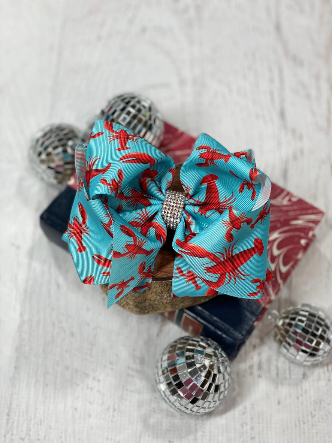 Crawfish Oversize Hair Bow with Rhinestone Center