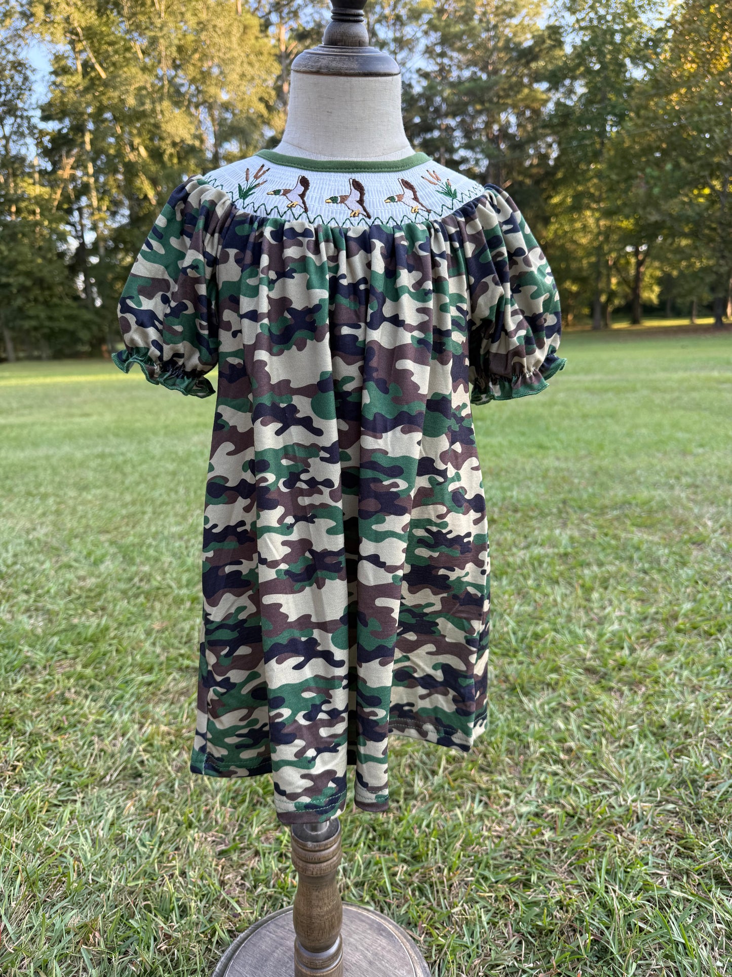 Smocked Duck Camo Bishop Dress