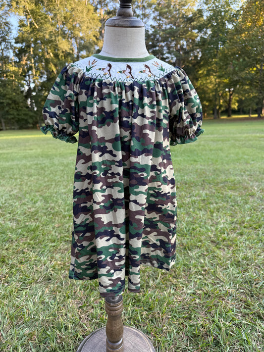 Smocked Duck Camo Bishop Dress