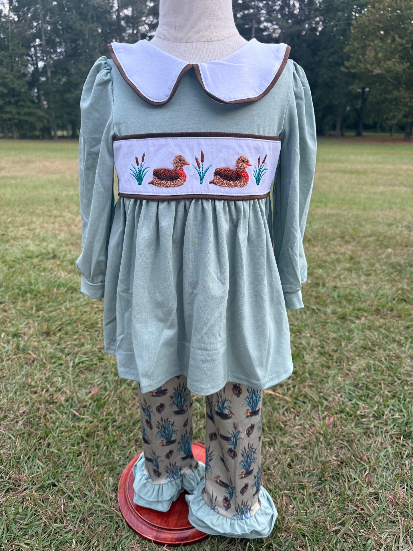 Sage French Knot Duck Peter Pan Collar Pant Set