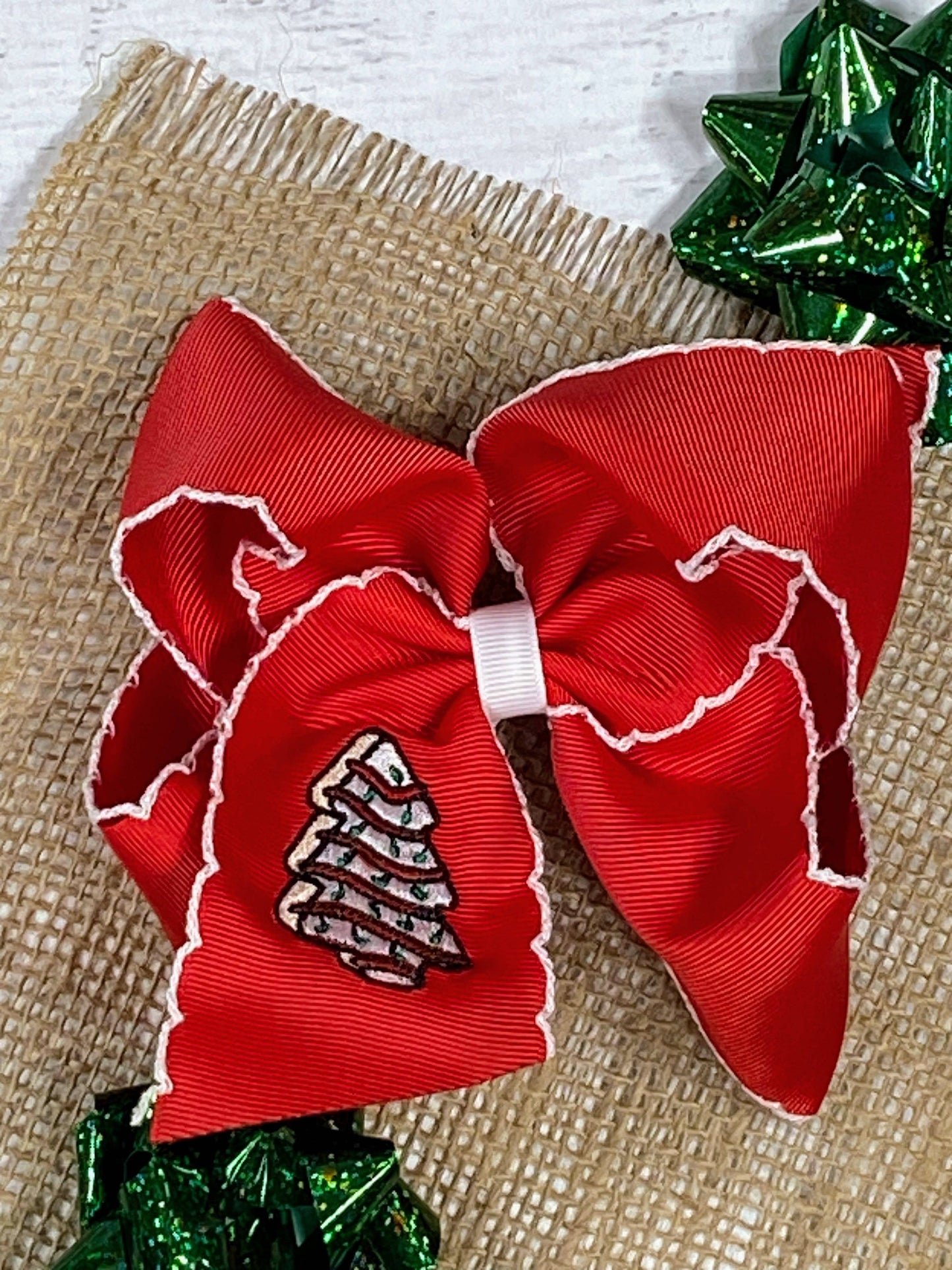 Christmas Tree Cake Embroidered Moonstitch Hair Bow